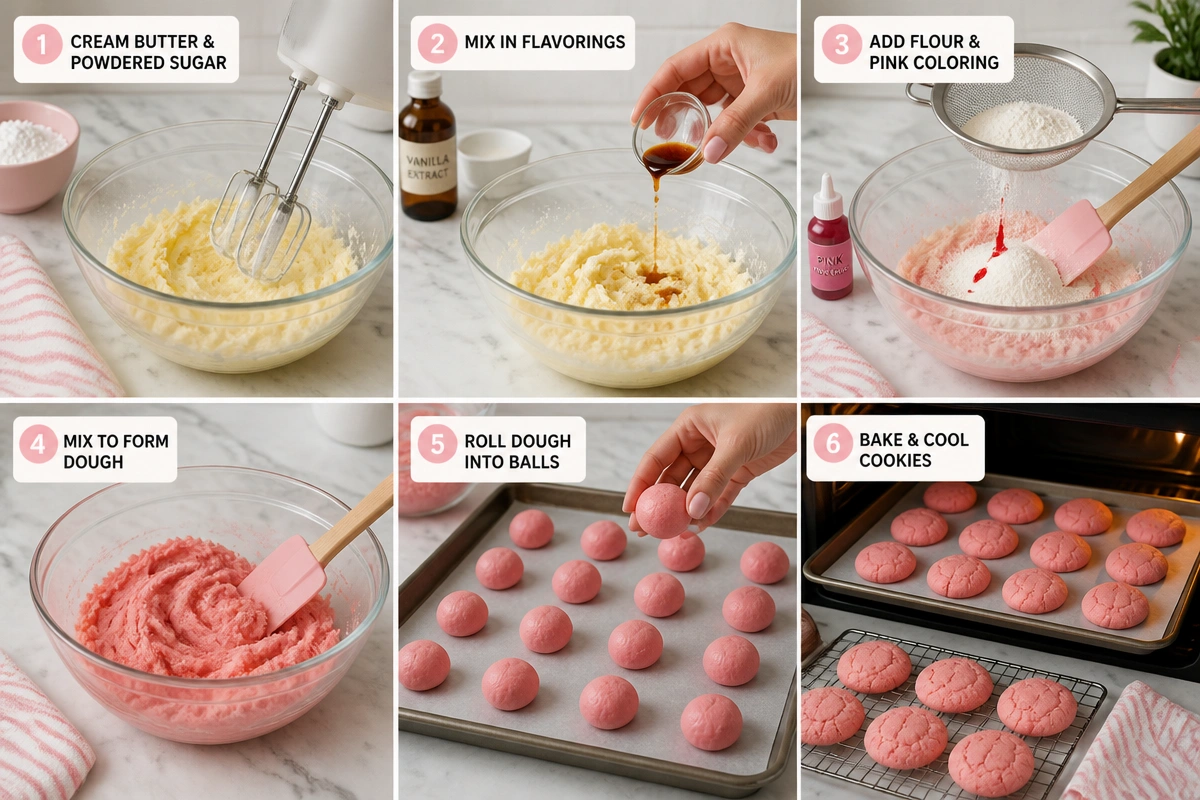 Warm Mexican Pink Cookies cooling on a rack with soft crumb texture and pink coating.