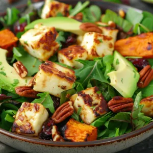 Delicious Sweet Potato Halloumi Salad with Mint Yogurt, garnished with fresh herbs.