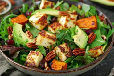 Delicious Sweet Potato Halloumi Salad with Mint Yogurt, garnished with fresh herbs.