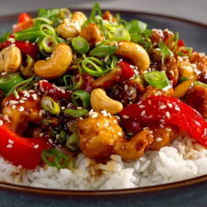 Cashew Chicken with roasted cashews and jasmine rice