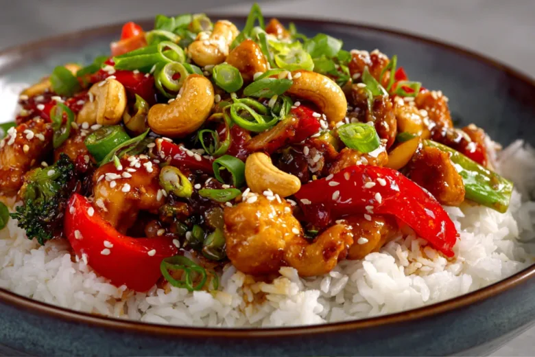 Cashew Chicken with roasted cashews and jasmine rice