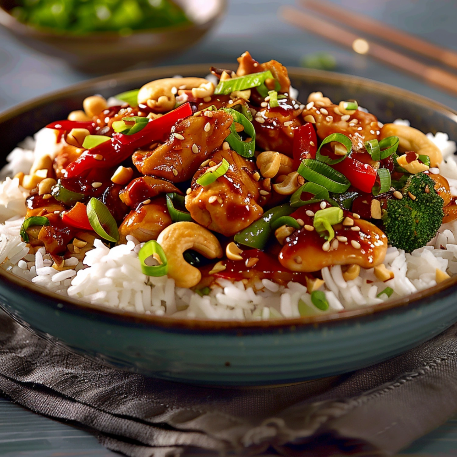Cashew Chicken with roasted cashews and jasmine rice