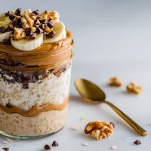 Chunky Monkey Overnight Oats with banana, peanut butter and chocolate chips