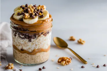 Chunky Monkey Overnight Oats with banana, peanut butter and chocolate chips