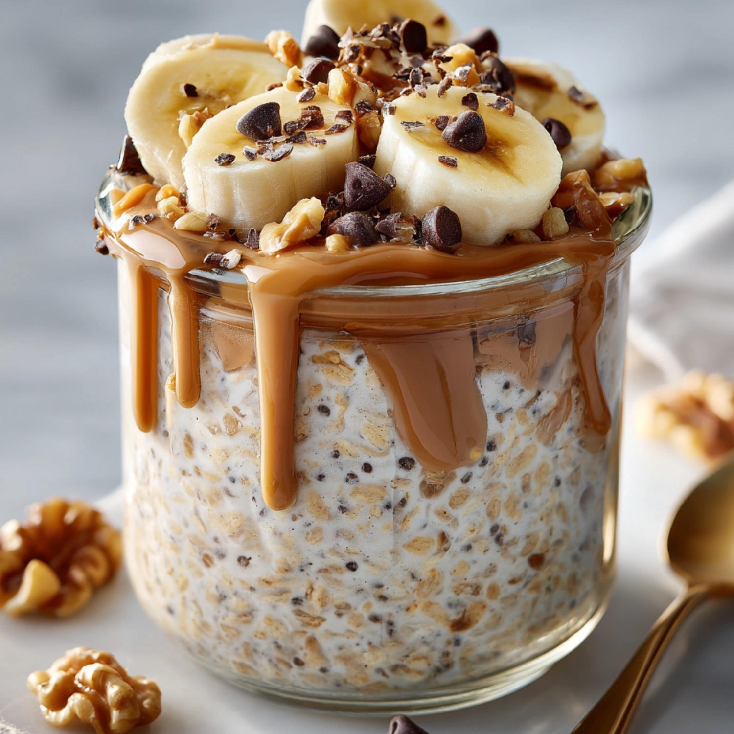 Chunky Monkey Overnight Oats topped with banana and chocolate chips