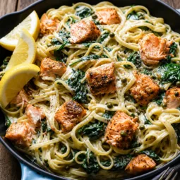 Creamy Salmon Pasta with Spinach topped with fresh herbs and served in a white bowl.
