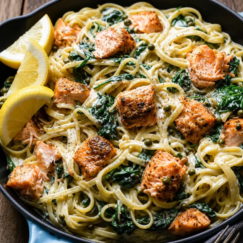 Creamy Salmon Pasta with Spinach topped with fresh herbs and served in a white bowl.