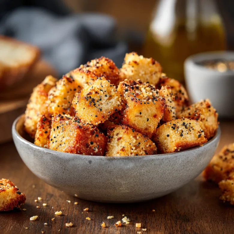 Delicious crispy bagel bites served as a savory snack with a crunchy texture.