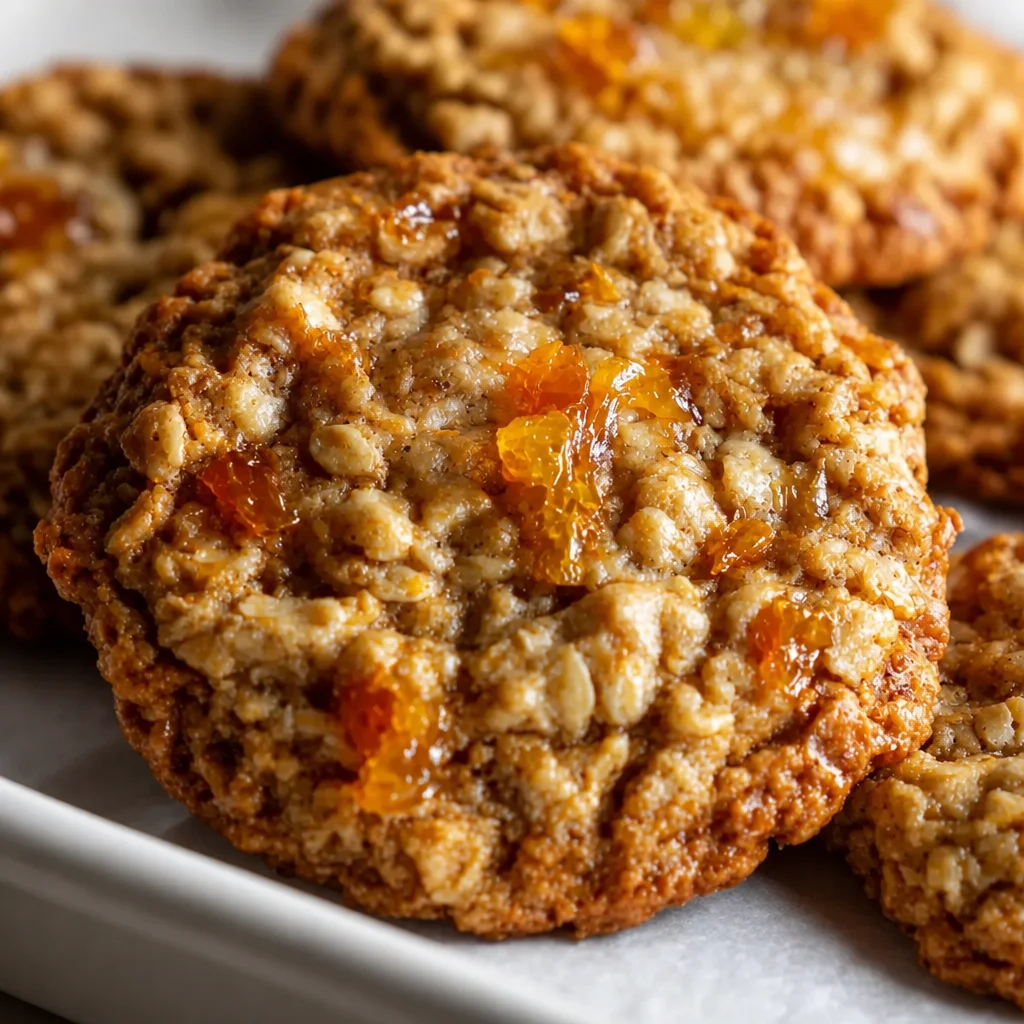 Chewy Marmalade Oatmeal Cookies stacked on a plate with a citrus background.