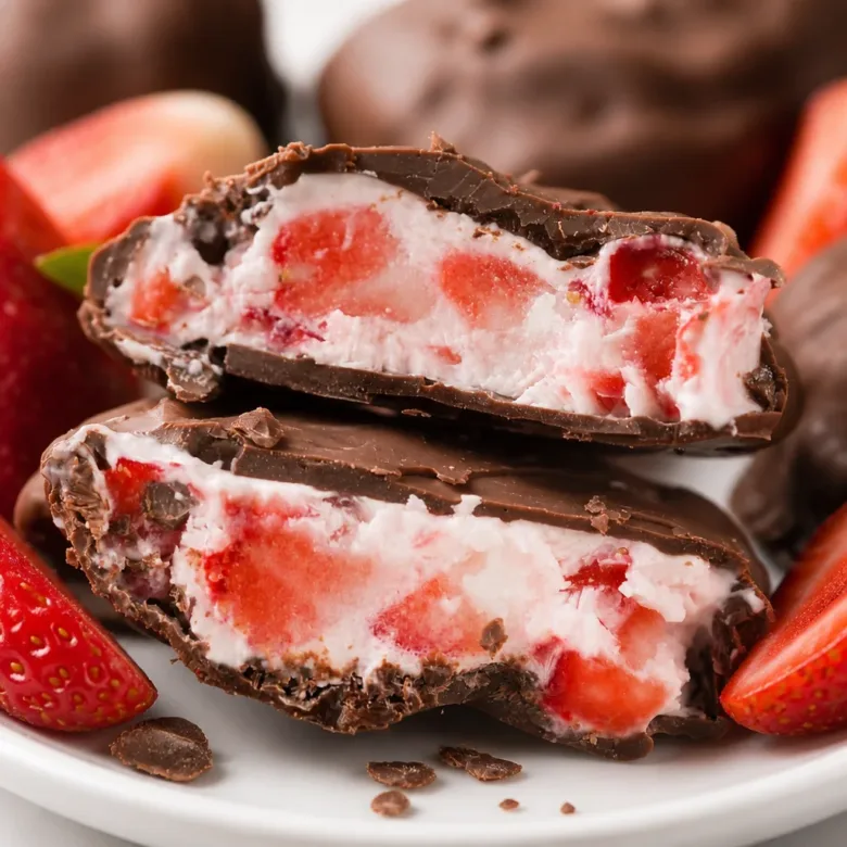 Chocolate Covered Strawberry Yogurt Clusters dipped in chocolate, showcasing their delicious insides.
