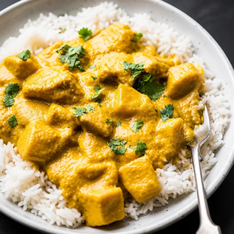 Creamy Mango Chicken Curry with coconut milk and fresh mango slices