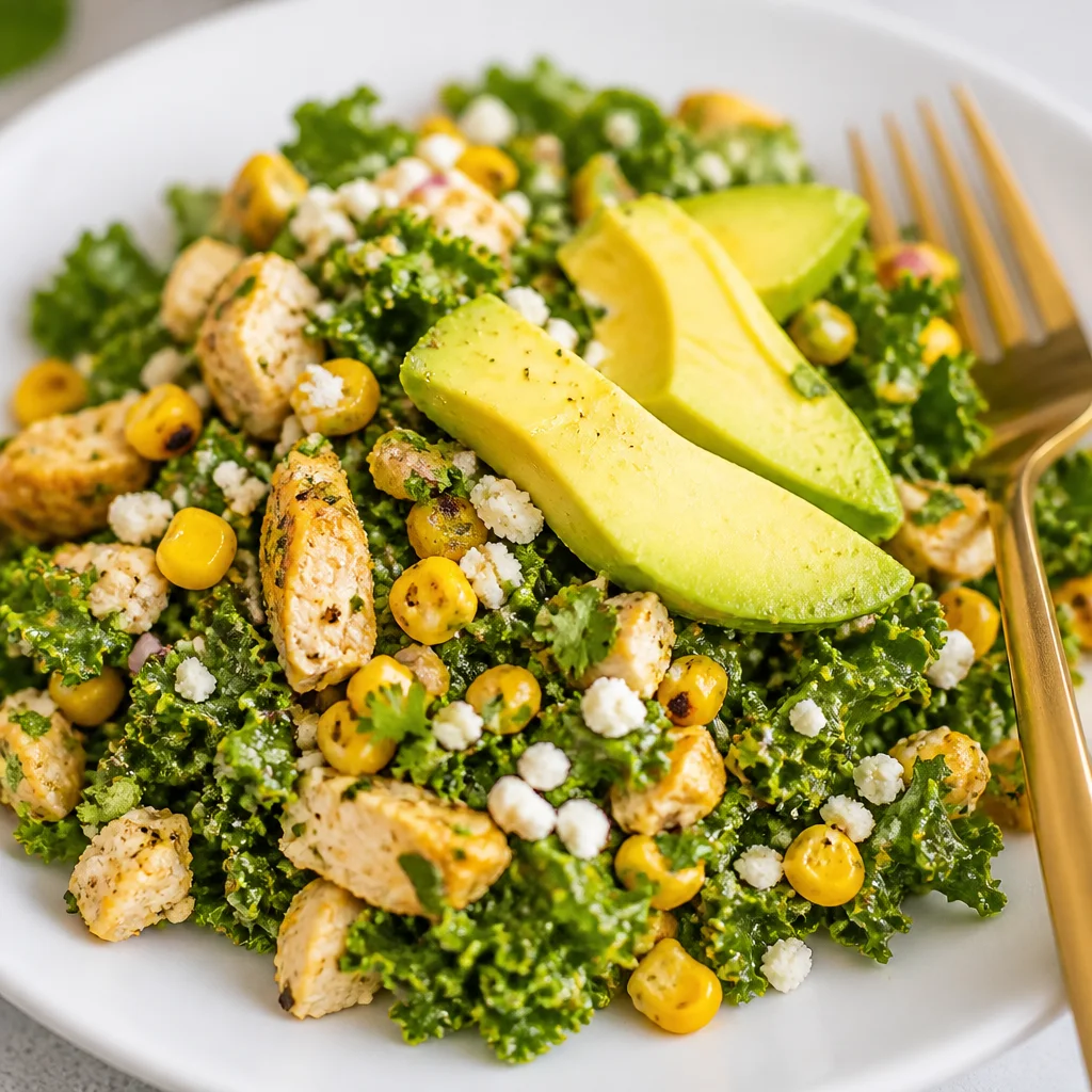 Colorful Mexican Street Corn Kale Salad with avocado, corn, and creamy cilantro dressing.