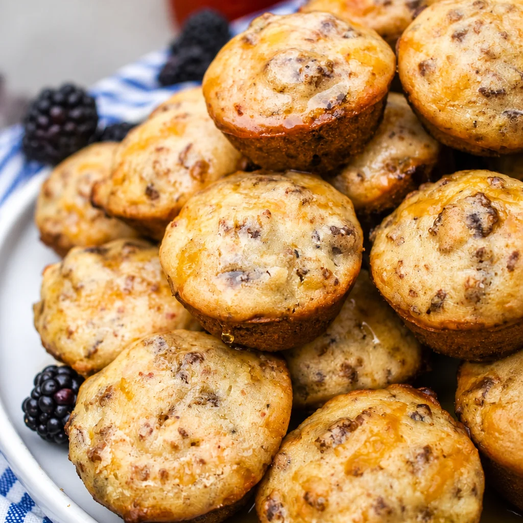 Delicious Mini McGriddle Bites stacked on a plate, perfect breakfast treat.