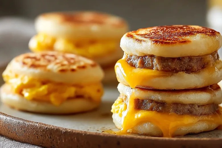 Delicious Mini McGriddle Bites stacked with sausage egg and cheese
