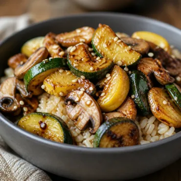 Panda Express Mushroom Chicken Copycat with chicken, mushrooms, and zucchini in ginger-garlic sauce.