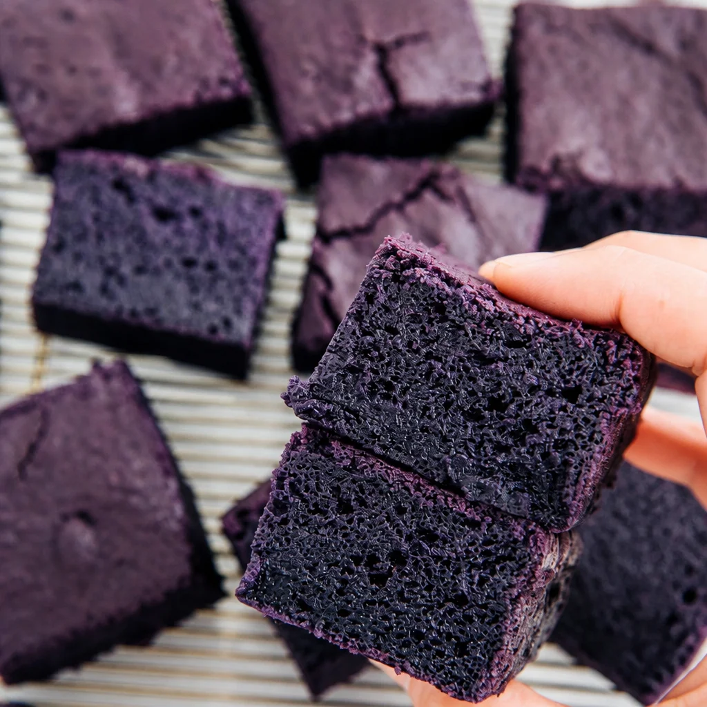 Delicious Chewy Ube Mochi Bars, green and purple dessert squares on a plate.