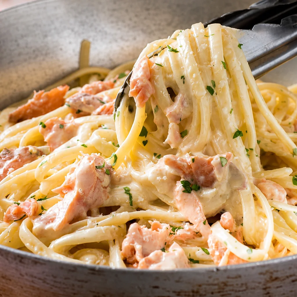 Creamy hot smoked salmon pasta with lemon and dill in a bowl