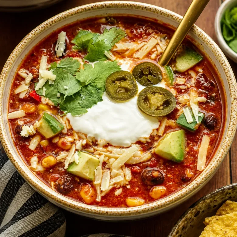 Bowl of Mexican Chili Bean Soup with spices and beans, garnished with fresh herbs.