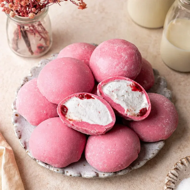Delicious Vegan Strawberry Mochi Ice Cream with a chewy mochi exterior and creamy filling.