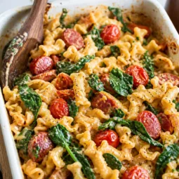 Baked feta pasta with cherry tomatoes and a creamy sauce in a baking dish