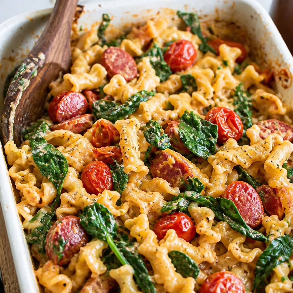 Baked feta pasta with cherry tomatoes and a creamy sauce in a baking dish