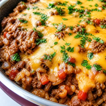 Delicious Taco Rice Skillet with ground beef, rice, and melted cheese in one pan.