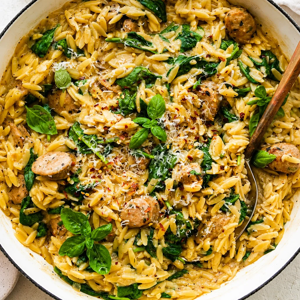 Delicious Chicken Sausage Orzo Skillet served in a skillet with fresh ingredients.