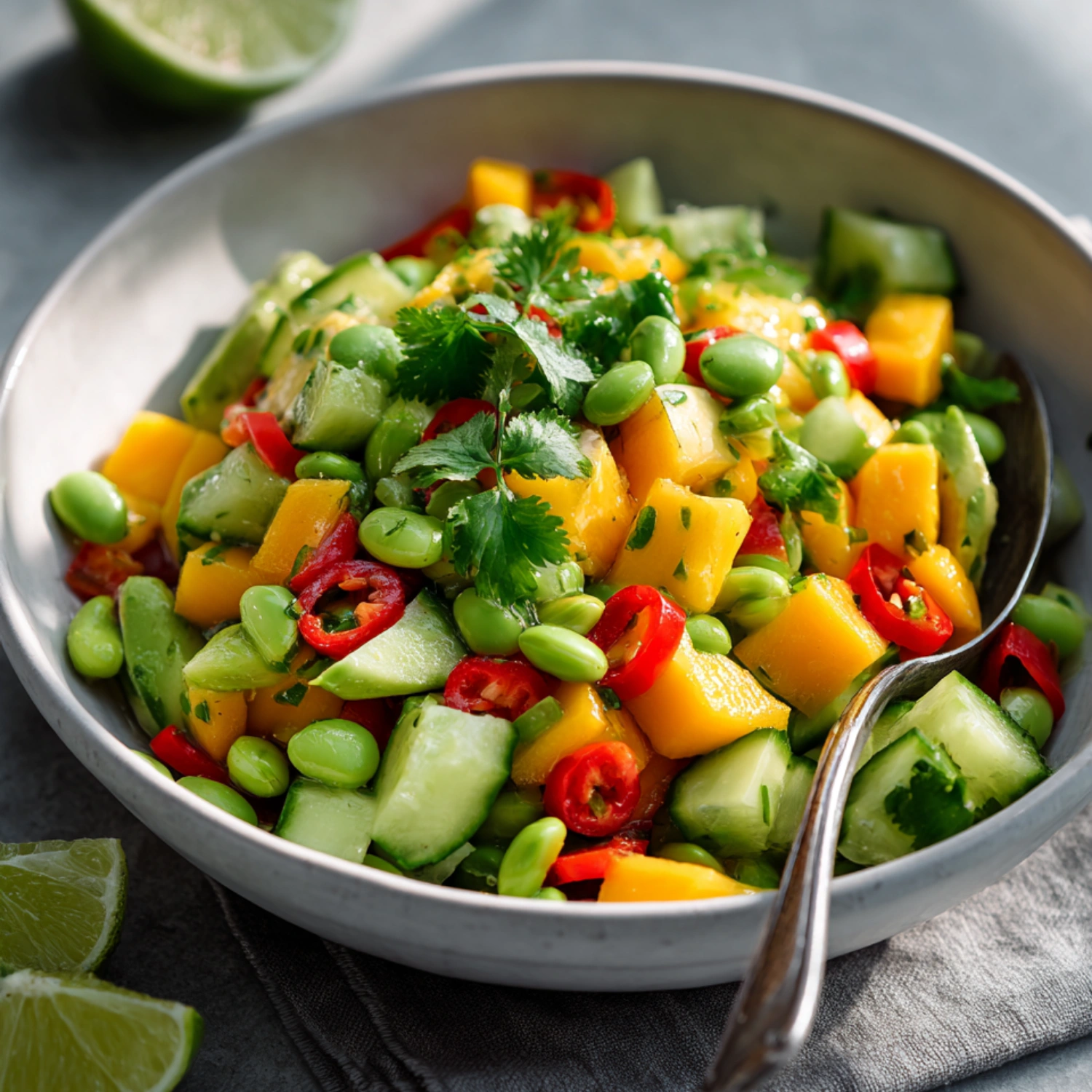 Edamame Mango Salad served with avocado and lime