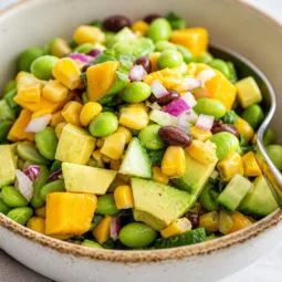 Colorful bowl of This Edamame Mango Salad with ingredients like edamame, mango, and avocado.