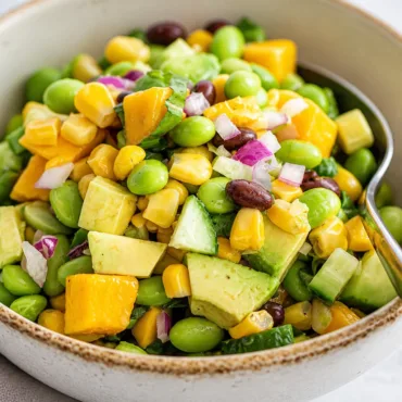Colorful bowl of This Edamame Mango Salad with ingredients like edamame, mango, and avocado.