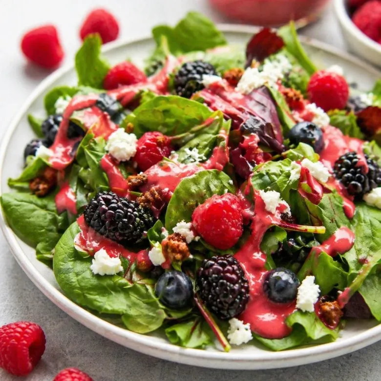 Spring Mix Salad with Raspberry Dressing and fresh mixed berries, nuts, and goat cheese.
