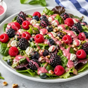 Spring Mix Salad with Raspberry Dressing and fresh mixed berries, nuts, and goat cheese.