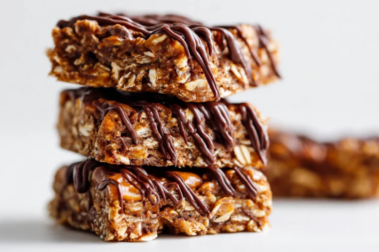 Healthy Chocolate Peanut Butter Oatmeal Bars stacked with chocolate topping