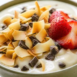 Dark Chocolate and Toasted Coconut Smoothie Bowl topped with fruit and granola.