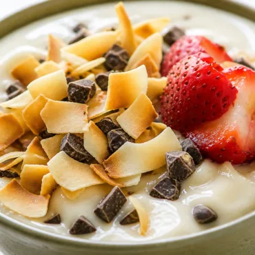 Dark Chocolate and Toasted Coconut Smoothie Bowl topped with fruit and granola.