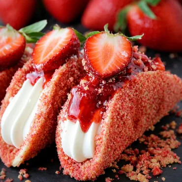 Delicious Strawberry Crunch Cheesecake Tacos with creamy filling and crunchy topping.