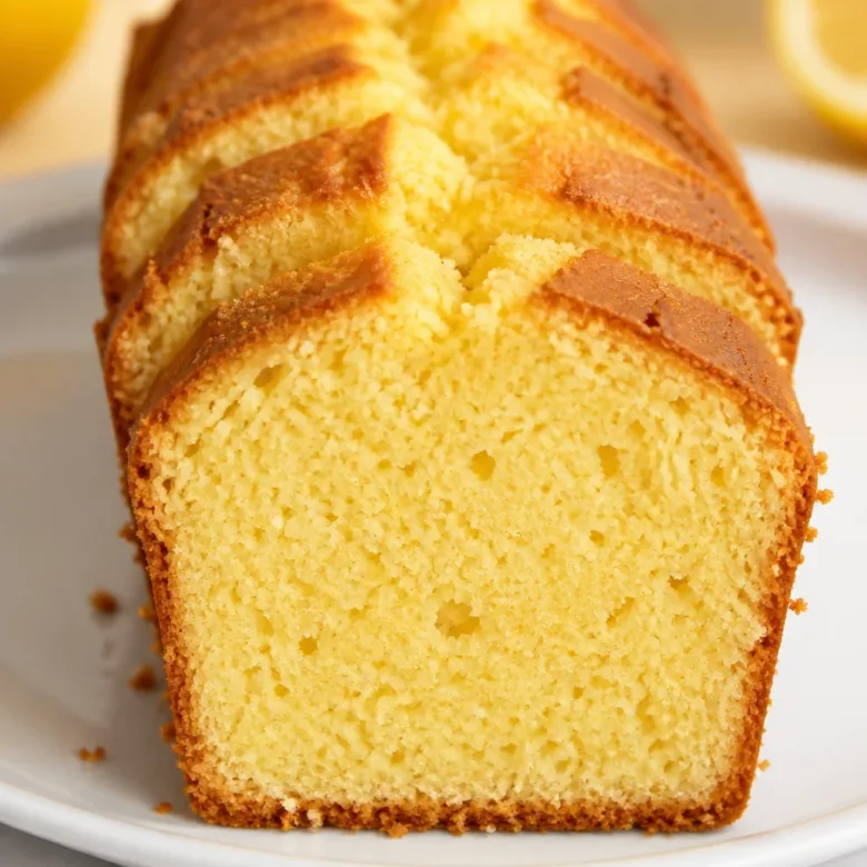 Sliced lemon loaf cake with a moist texture and fresh lemon glaze