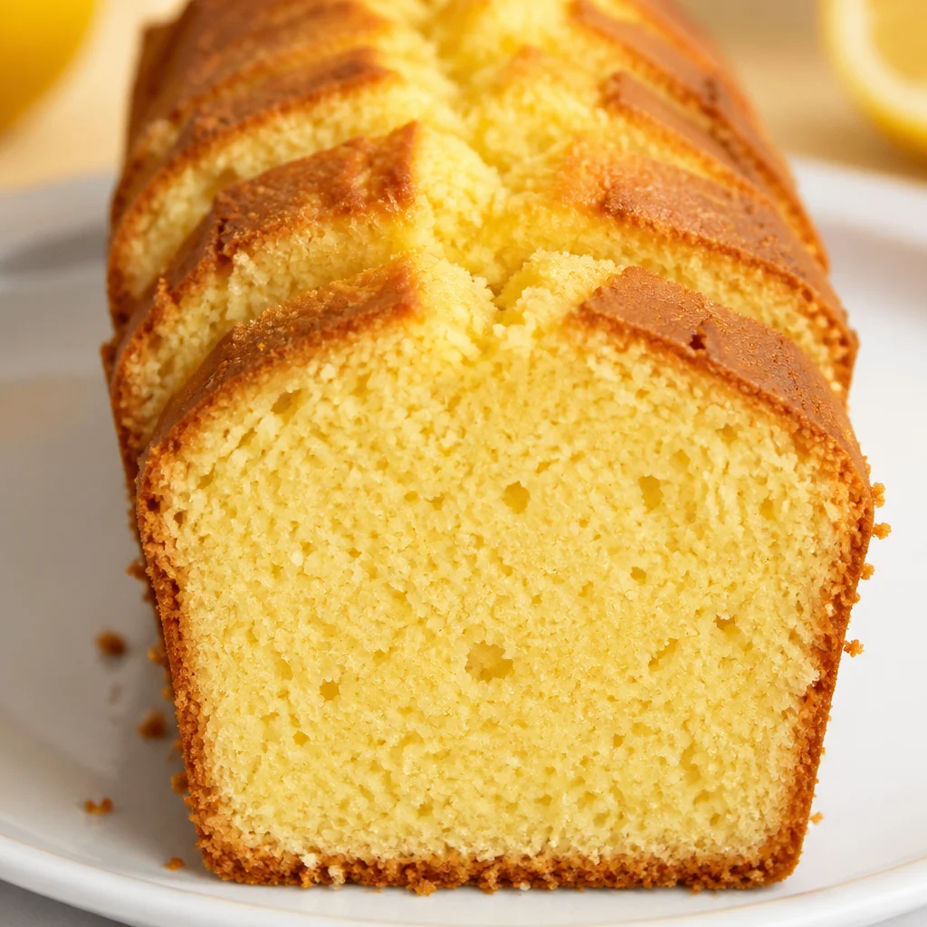 Sliced lemon loaf cake with a moist texture and fresh lemon glaze