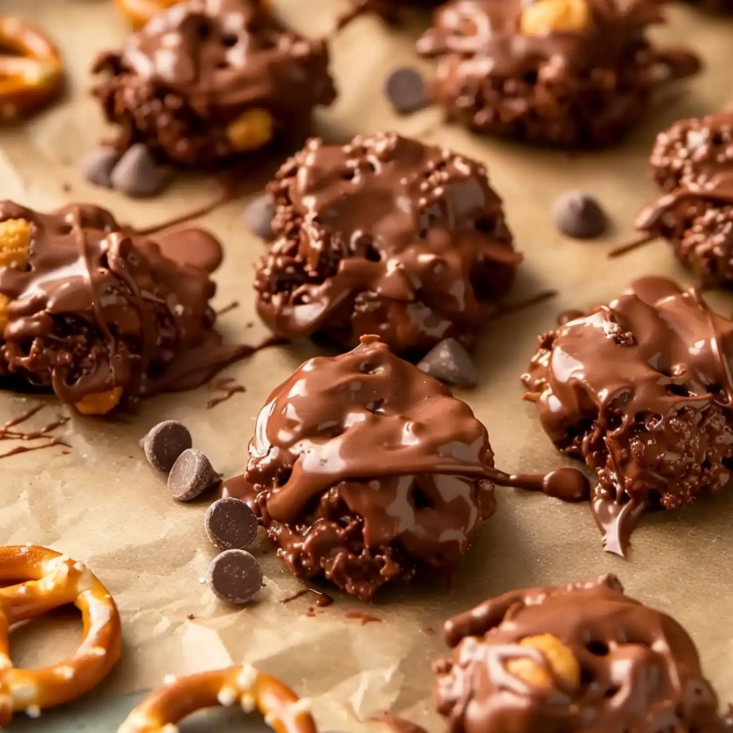 No-Bake Peanut Butter Pretzel Clusters served on dessert plate