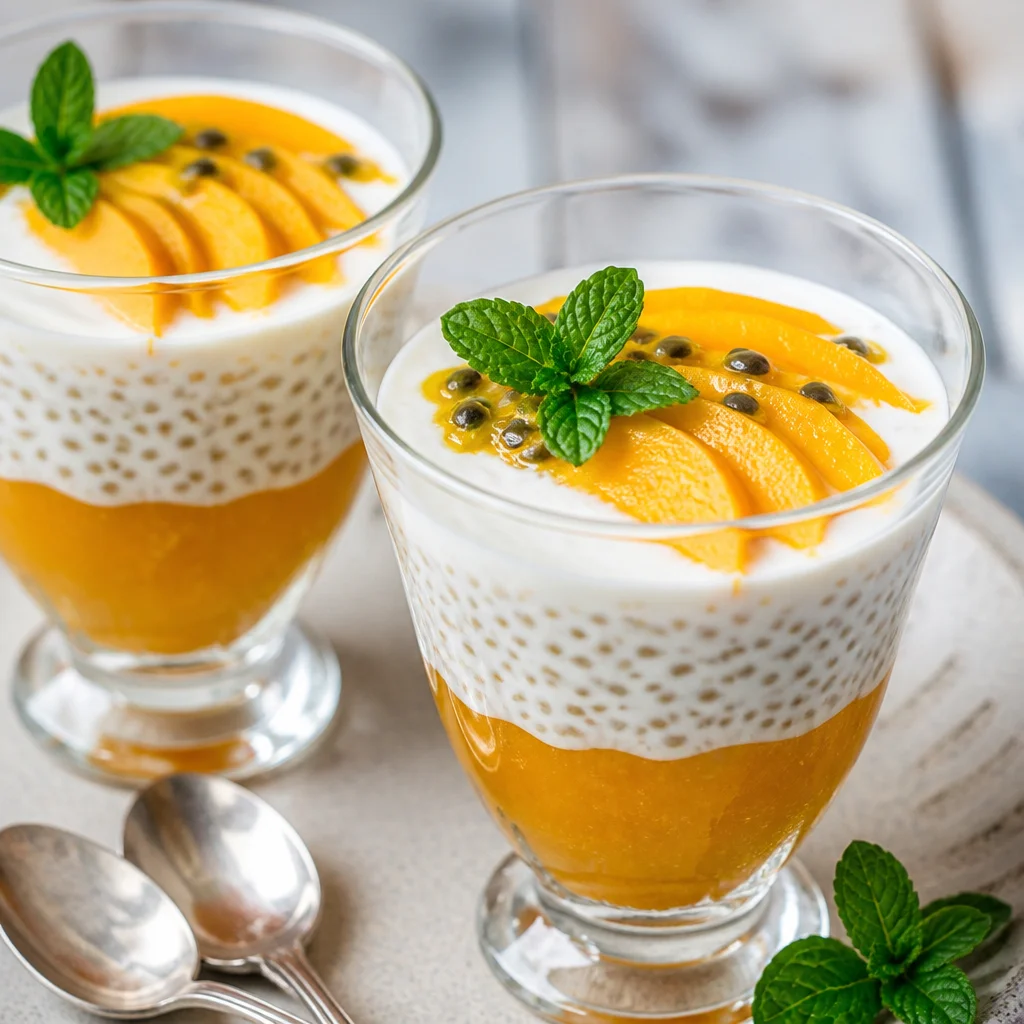 Passionfruit Mango Coconut Chia Crunch layered with coconut and mango flavors.