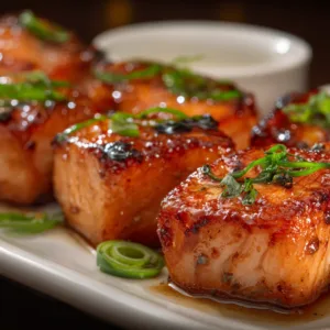 Crispy Bang Bang Salmon Bites with sweet and spicy sauce on a plate.