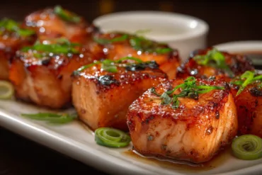 Crispy Bang Bang Salmon Bites with sweet and spicy sauce on a plate.