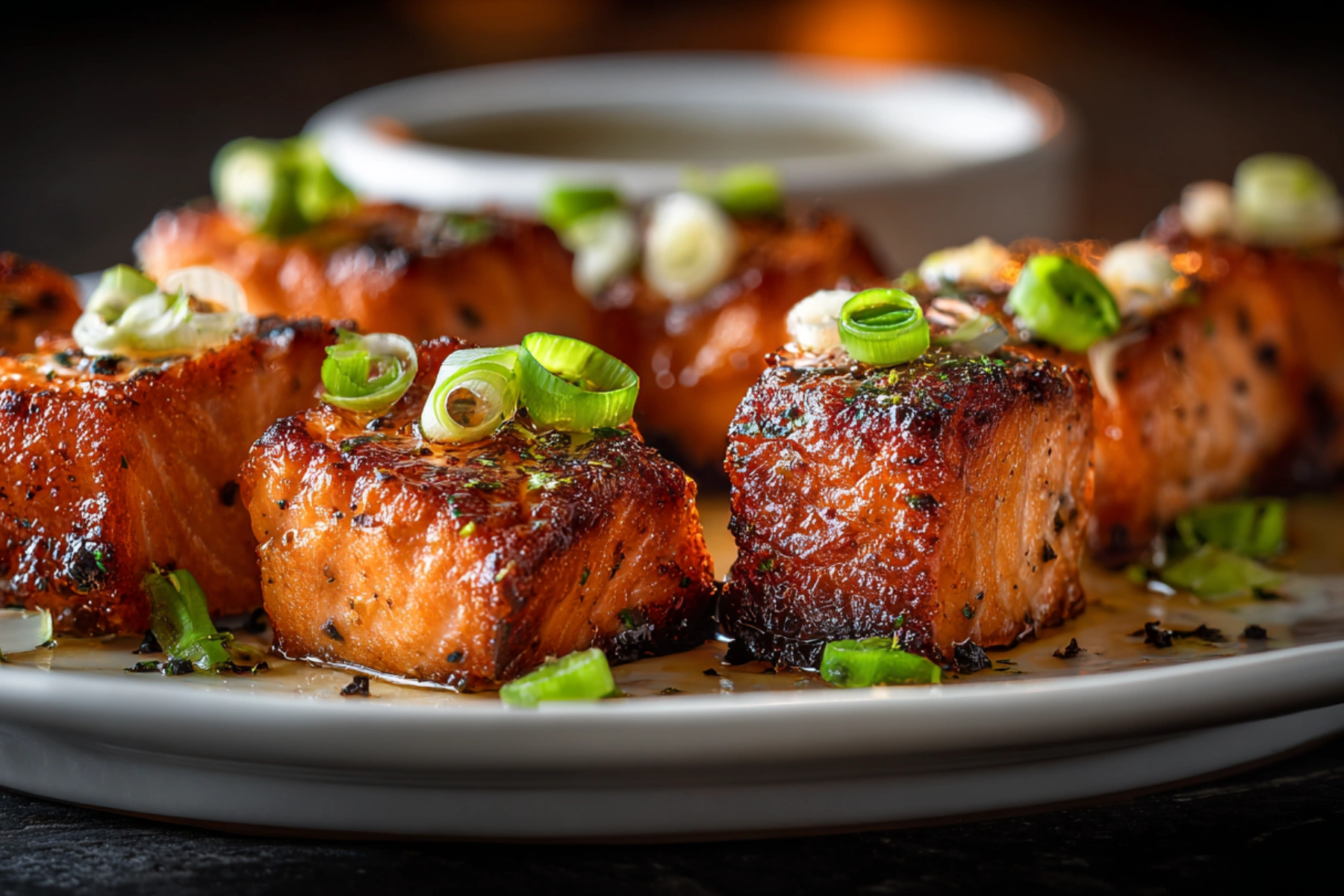 Crispy garlic butter salmon bites on serving board