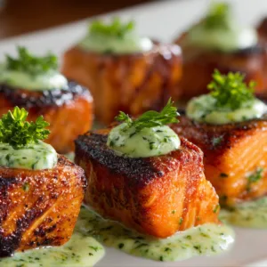 Baked Salmon Balls served with a creamy avocado sauce on a plate.