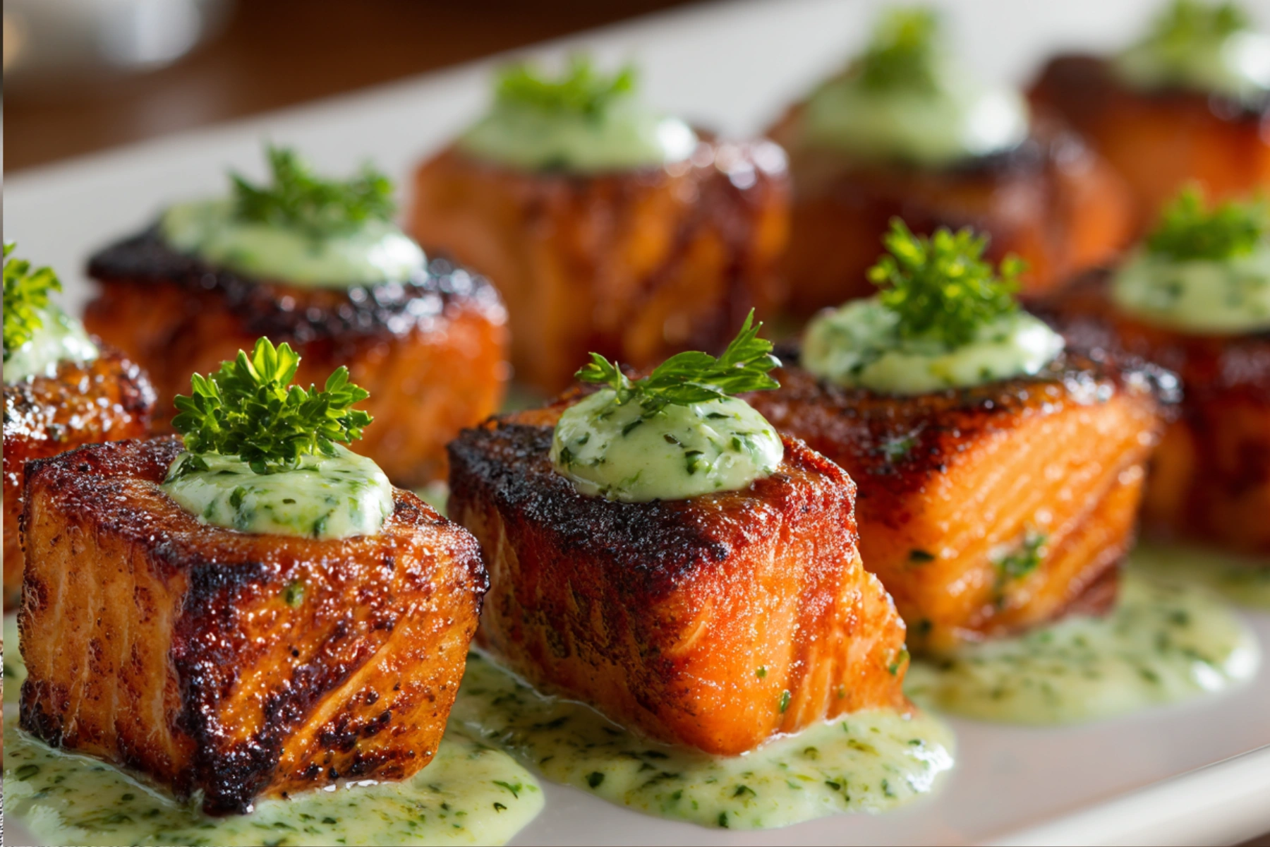 Baked Salmon Balls served with a creamy avocado sauce on a plate.