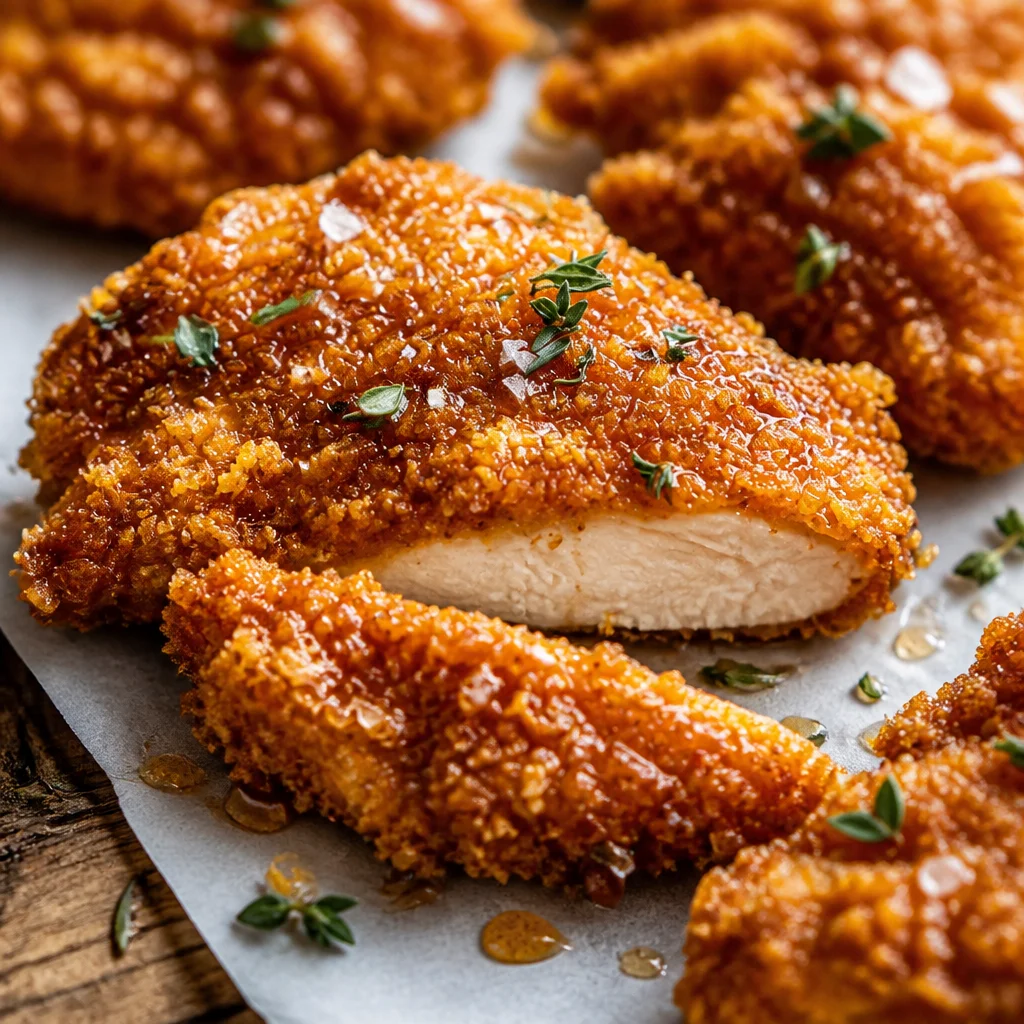 Baked Hot Honey Chicken with crispy cornflake crust and spicy honey glaze