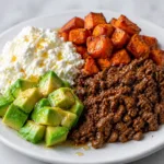 Viral Hot Honey Cottage Cheese Bowl with sweet potatoes, beef, and avocado