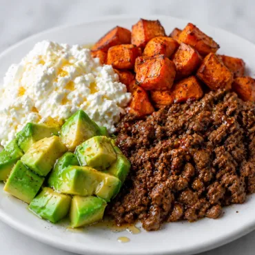 Viral Hot Honey Cottage Cheese Bowl with sweet potatoes, beef, and avocado