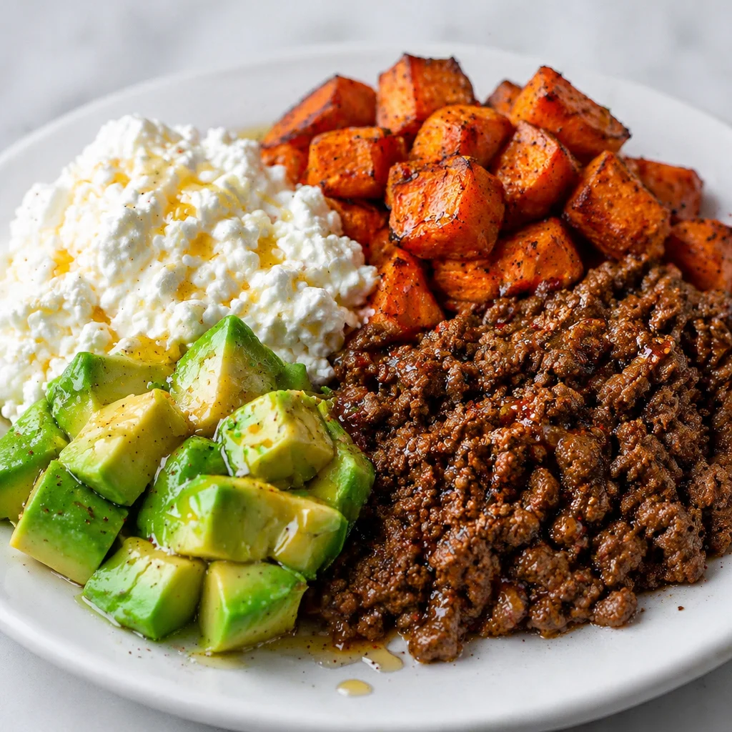 Viral Hot Honey Cottage Cheese Bowl with sweet potatoes, beef, and avocado