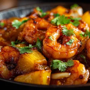 Delicious Sweet Chili Pineapple Shrimp stir fry with vibrant vegetables and juicy pineapple.